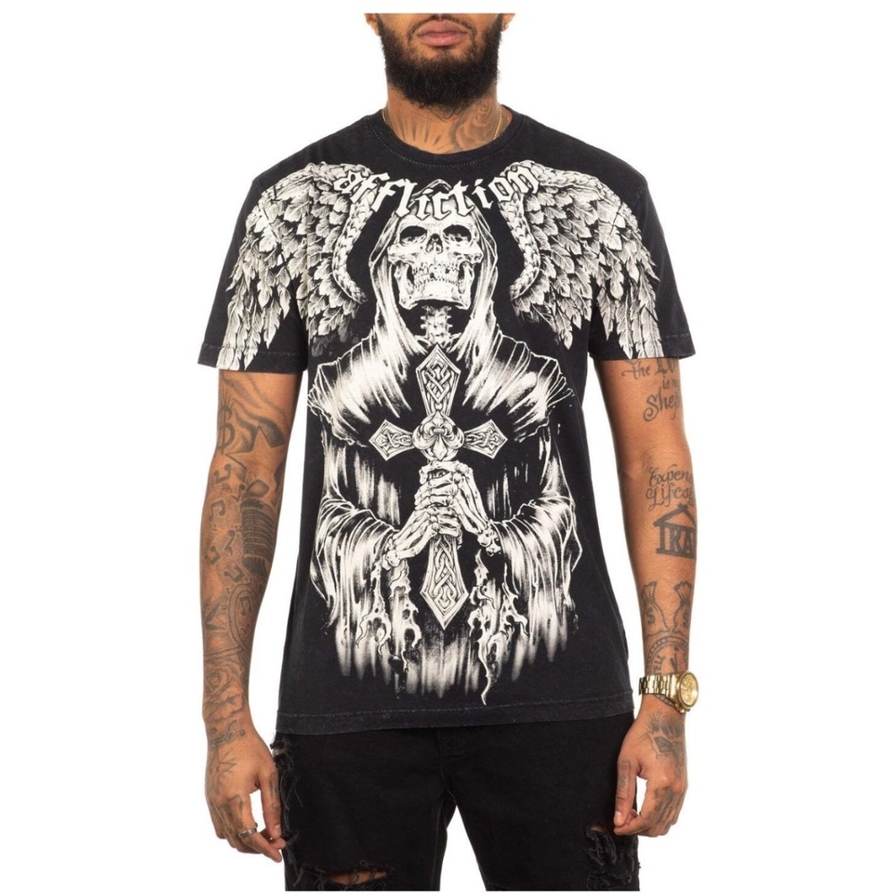 Affliction T-Shirt Mens Large Black Grim Reaper Winged Cross Graphic Tee